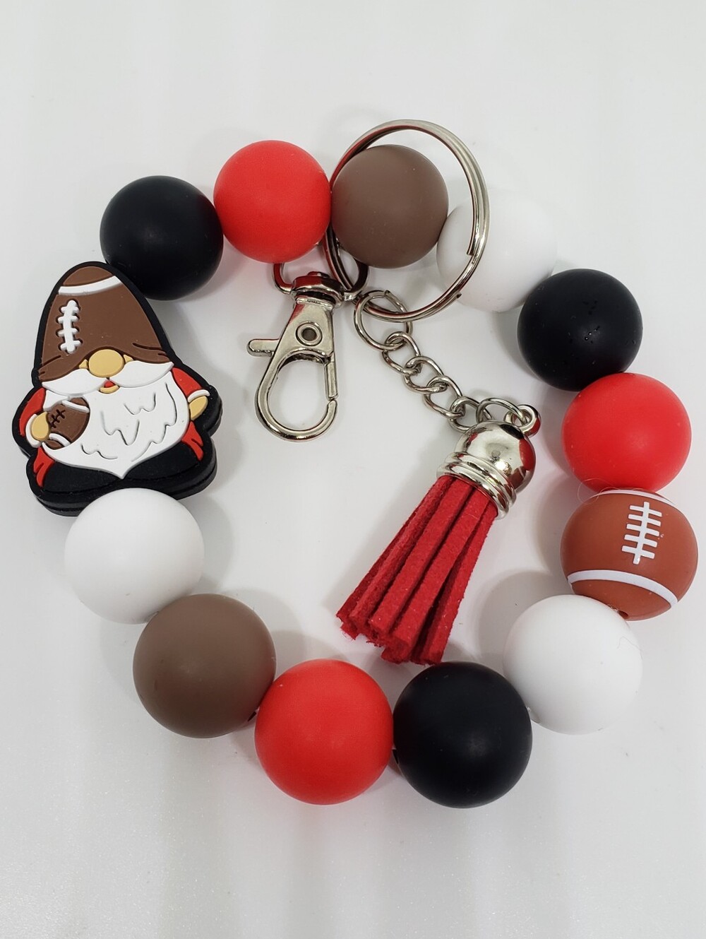 Handmade Fall Football Gnome Silicone Focal Bead Wristlet Keychain Bracelet